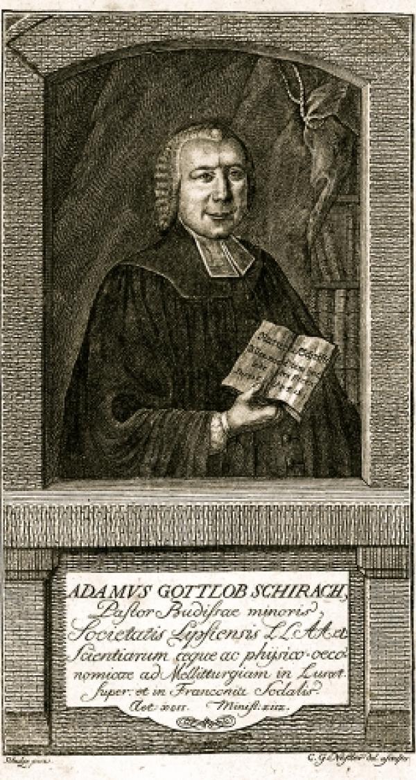 Portret Hadama Bohuchwała Šěracha (1724–1773) na titulnej stronje jeho spisa »Melitto- Theologia. Die Verherrlichung des glorwürdigen Schöpfers aus der wundervollen Biene« z lěta 1767&amp;nbsp;&amp;nbsp; Wobraz: Serbski kulturny archiw