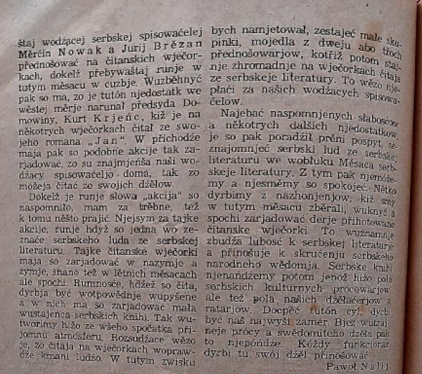 Pawoł Nalij kritizěrujo serbske literarne wjacorki w juliju 1955 na boce 222. Reprodukcija: V. Zakar