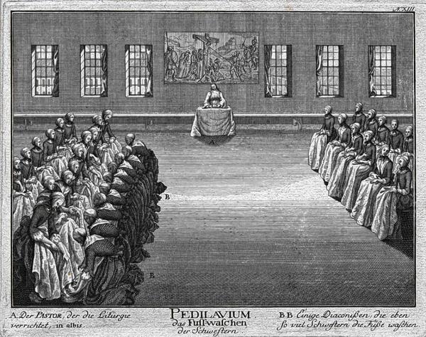 Diakonisy při myću nohow, kopororytwa 1757 Reprodukcija: Archiw Ochranowskeje bratrowskeje jednoty