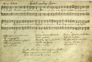 Wujimk z rukopisneje partitury K. A. Kocora k spěwanskemu swjedźenjej 1845. Žórło: Serbski kulturny archiw