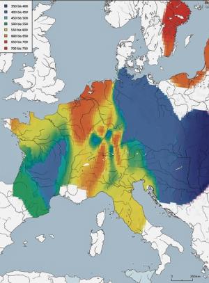 Chronologiske wuwiće rozšěrjenja kawrijowych šlinkowych chěžkow w srjedźnej Europje wot kónca 4. hač do 8. lětstotka Grafika: Annette Lennartz