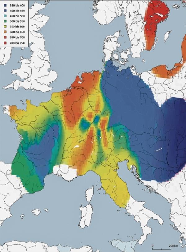 Chronologiske wuwiće rozšěrjenja kawrijowych šlinkowych chěžkow w srjedźnej Europje wot kónca 4. hač do 8. lětstotka Grafika: Annette Lennartz