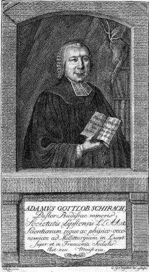 Hadam Bohuchwał Šěrach (1724–1773) běše wuznamny serbski přirodospytnik, pčołar a awtor spisa »Melitto-Theologia. Die Verherrlichung des glorwürdigen Schöpfers aus der wunder volen Biene«. Wobraz: Serbski kulturny archiw