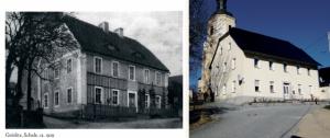 Šulski dom w Hrodźišću w lěće 1929 a twarjenje dźensa Žórło: nalěwo Mechthild a Wolfgang Opel »Weil ich ein Inuk bin. Johann August Miertsching . Ein Lebensbild« a naprawo E. Fiebiger