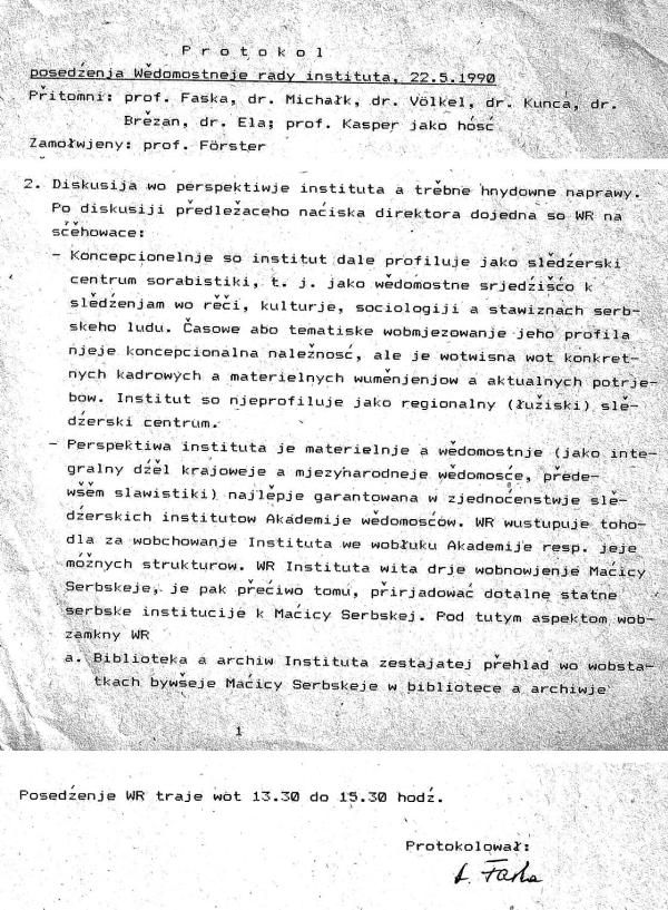 Wućah protokola posedźenja wědomostneje rady instituta, 22.05.1990&amp;nbsp; Reprodukcija: Ludwig Ela