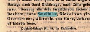 Prědne wobspomnjeśe Chmjelowa wót 1. oktobra 1385 ako Smelluitz. Reprodukcija: Michael Meyer