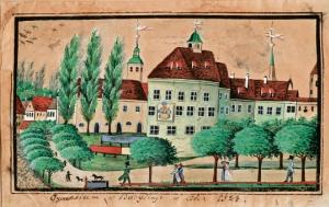 ›Gymnasium w Budyšinje w lěće 1824‹ njeznateho wuměłca, akwarelěrowana rysowanka, 1824, SM-V-005190, Serbski muzej Budyšin Reprodukcija: Jan Bart