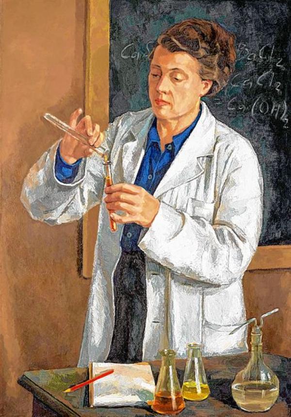 Jan Buk, Chemikarka, 1953, wolij na płatnje, 100 × 70,5 cm&amp;nbsp;&amp;nbsp; Wobraz: Kustodija Wysokeje šule tworjaceho wuměłstwa, Drježdźany, Archiw a kustodija, inw.-čo. A 024, foto: Kerstin Riße