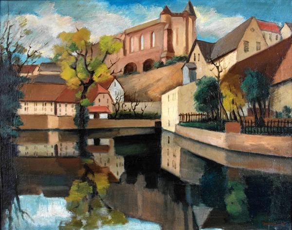 Ante Trstenjak, Budyšin, pohlad na Mikławšk ze Židowa, 1929, wolij na płatnje, 71,5 × 91,5 cm wobraz: Umetnostna galerija Maribor Reprodukcija: Damjan Švarc