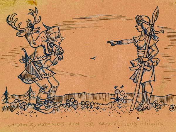 Měrćin Nowak-Njechorński, Artemis, Herakles a keryntiska Hindučanka, rysowanka z čornidłom, 1946, 11,8 × 18,0 cm Wobraz: Serbski muzej, Budyšin