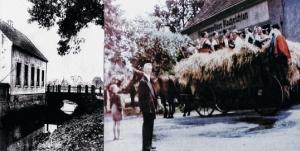 Twarjenje ćišćernje 1915 z Wojerowskej Čornicu (nalěwo); naprawo hotuje so před napismom »Hoyerswerdaer Nachrichten/Buchdruckerei A. Lapstich« nad zarołowanej rěku wóz za přećah składnostnje němsko-serbskeho domizniskeho swjedźenja 1954.