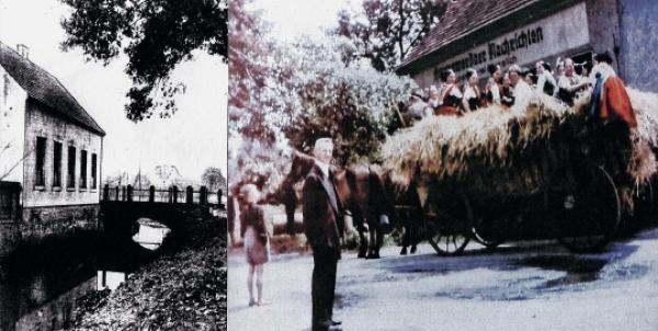 Twarjenje ćišćernje 1915 z Wojerowskej Čornicu (nalěwo); naprawo hotuje so před napismom »Hoyerswerdaer Nachrichten/Buchdruckerei A. Lapstich« nad zarołowanej rěku wóz za přećah składnostnje němsko-serbskeho domizniskeho swjedźenja 1954.