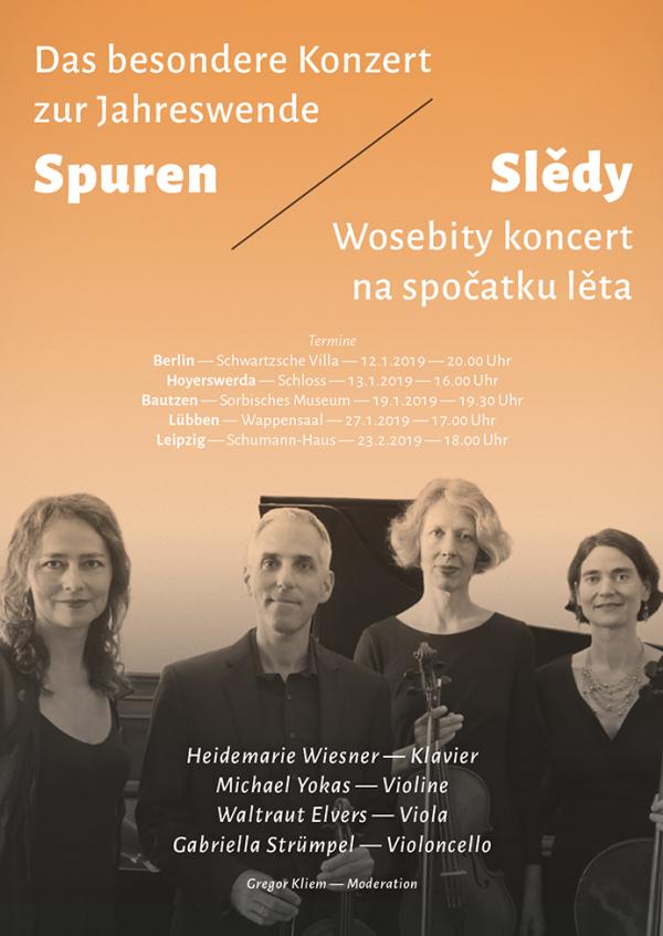 Koncert »Slědy/Spuren« w rjedźe wosebitych koncertow na proze nowe ho lěta, prěni koncert 12. januara we wili Schwartz w Berlinje, sobu skutkowacy: Heidema rja Wiesnerec, Michael Yokas, Waltraut El vers, Gabriella Strümpel
