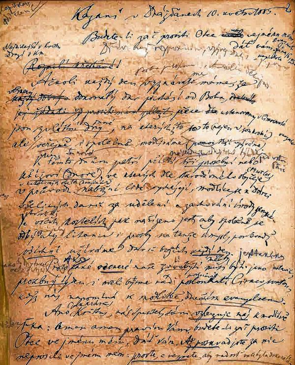 Faksimile čěskeho prědowanja Michała Hórnika, kiž bě 10. meje 1885 w Drježdźanach měł. Wobraz: Serbski kulturny archiw