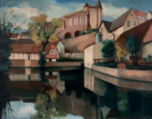 Ante Trstenjak »Budyšin«, 1929, wolij na płatnje, 71,5 x 91,5 cm, Umetnostna galerija Maribor. Wid ze Sprjewineje hasy na hamornik a w pozadku je Mikławšk. Nimale samsny napohlad namaka so tež na dopisnicy z titulom »Budyšin – pohlad na Mikławšk« Trstenjaka w Serbskim muzeju.&amp;nbsp;Žórło: Umetnostna galerija Maribor
