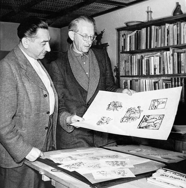 Sokołskej přećelej Jakub Šajba a Měrćin Nowak-Njechorński wokoło lěta 1953 w ateljeju Njechorńskeho Foto: z wobsydstwa Betiny Kaunoweje