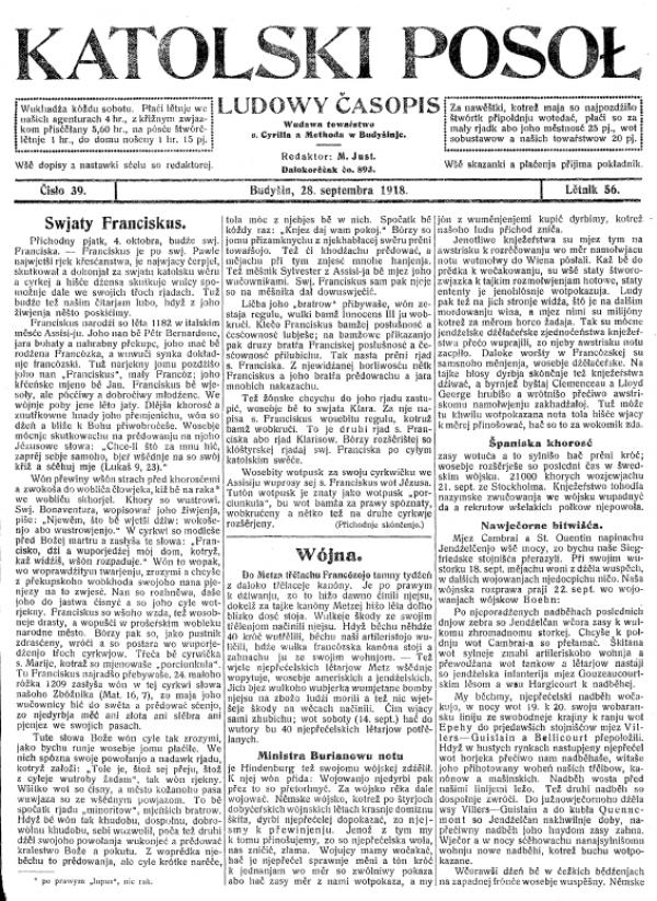 28. septembra 1928 pisaše so w Katolskim Posole wo tak mjenowanej »španiskej khorosći«. Reprodukcija: Serbska centralna biblioteka